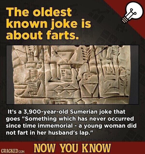 The oldest known joke is about farts. It's a 3,900-year-old Sumerian joke that goes Something which has never occurred since time immemorial - a young woman did not fart in her husband's lap. NOW YOU KNOW CRACKED.COM