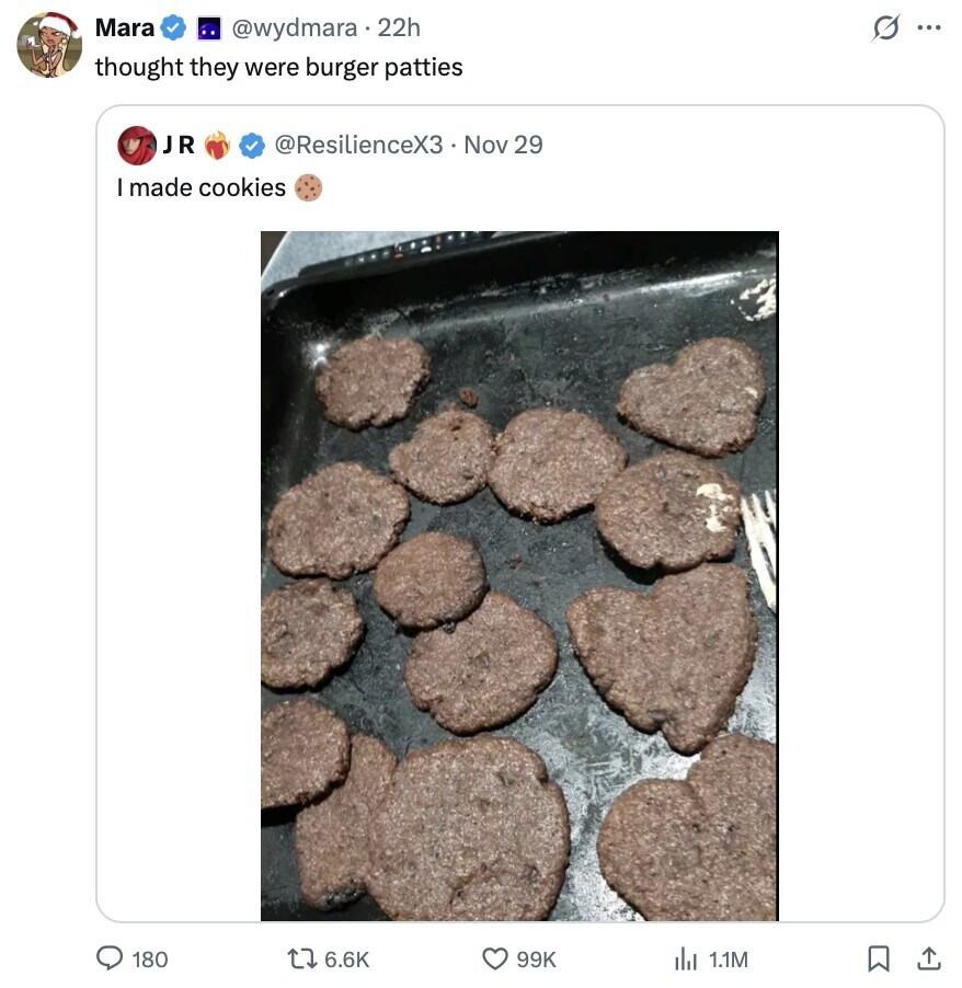 Mara @wydmara .22h s ... thought they were burger patties JR @ResilienceX3 Nov 29 I made cookies 180 6.6K 99K 1.1M