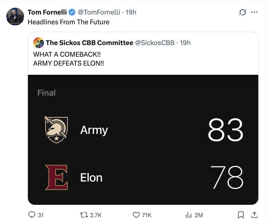 Tom Fornelli @TomFornelli 19h G ... Headlines From The Future The Sickos CBB Committee @SickosCBB . 19h WHAT A COMEBACK!! ARMY DEFEATS ELON!! Final Army 83 E Elon 78 31 2.7K 71K del 2M 