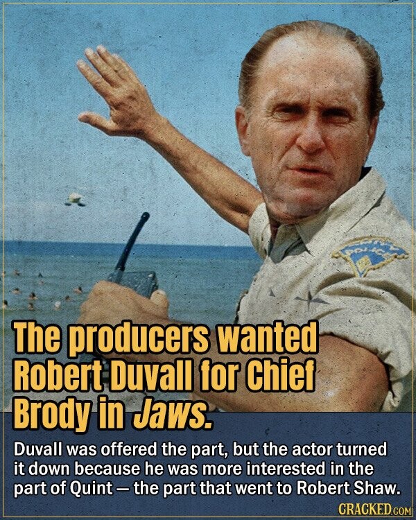 the POLICE The producers wanted Robert Duvall for Chief Brody in Jaws. Duvall was offered the part, but the actor turned it down because he was more interested in the part of Quint-the part that went to Robert Shaw. CRACKED.COM