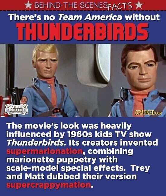 BEHIND-THE-SCENES FACTS There's no Team America without THUNDERBIRDS TEAM AMERICA GRACKED.COM The movie's look was heavily influenced by 1960s kids TV show Thunderbirds. Its creators invented supermarionation, combining marionette puppetry with scale-model special effects. Trey and Matt dubbed their version supercrappymation.