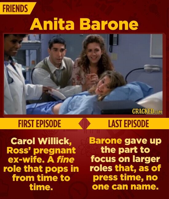 FRIENDS Anita Barone CRACKED.COM FIRST EPISODE LAST EPISODE Barone gave up Carol Willick, the part to Ross' pregnant ex-wife. A fine focus on larger role that pops in roles that, as of from time to press time, no time. one can name.