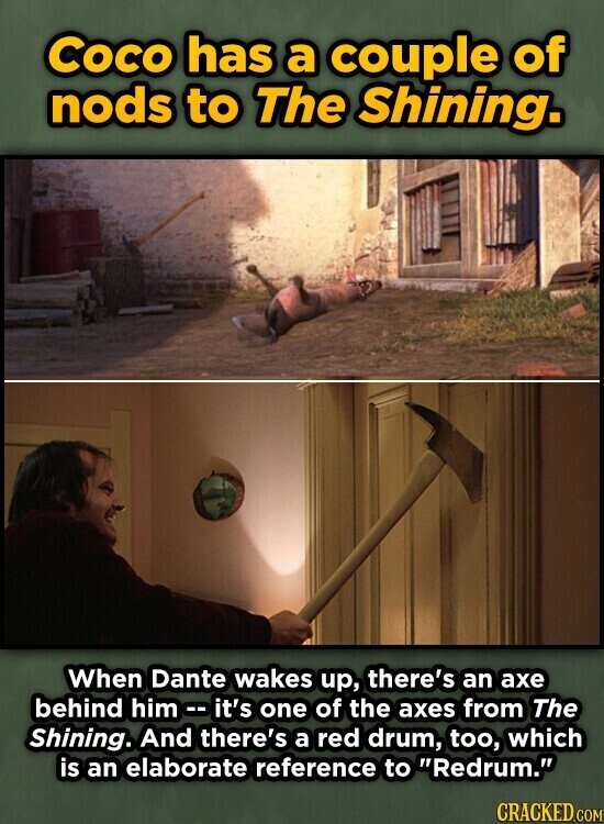Coco has a couple of nods to The Shining. When Dante wakes up, there's an axe behind him-- it's one of the axes from The Shining. And there's a red drum, too, which is an elaborate reference to Redrum. CRACKED.COM