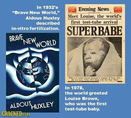 In 1932's INITANI KEN Evening News LATE SPECIAL FYONG Brave New World, - - SALE - - - Meet Louise, the world's Aldous Huxley first test-tube arrival described in-vitro fertilization. SUPERBABE BRAVE NEW WORLD Wide-eyed Louise Brown pictured in hospital 18 hours after the ... born Today the's doing - well for Page Three In 1978, the world greeted Louise Brown, who was the first ALDOUS HUXLEY test-tube baby. CRACKED COM