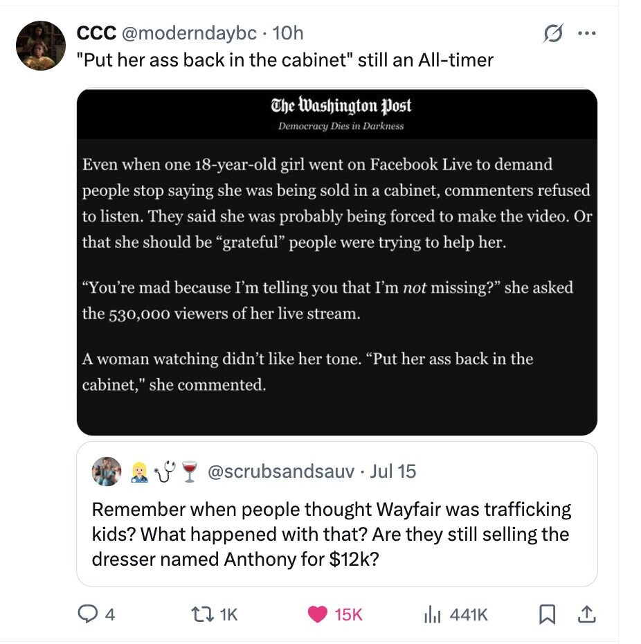 CCC @moderndaybc. 10h ... Put her ass back in the cabinet still an All-timer The Washington Post Democracy Dies in Darkness Even when one 18-year-old girl went on Facebook Live to demand people stop saying she was being sold in a cabinet, commenters refused to listen. They said she was probably being forced to make the video. Or that she should be grateful people were trying to help her. You're mad because I'm telling you that I'm not missing? she asked the 530,000 viewers of her live stream. A woman watching didn't like her tone. Put her ass back in
