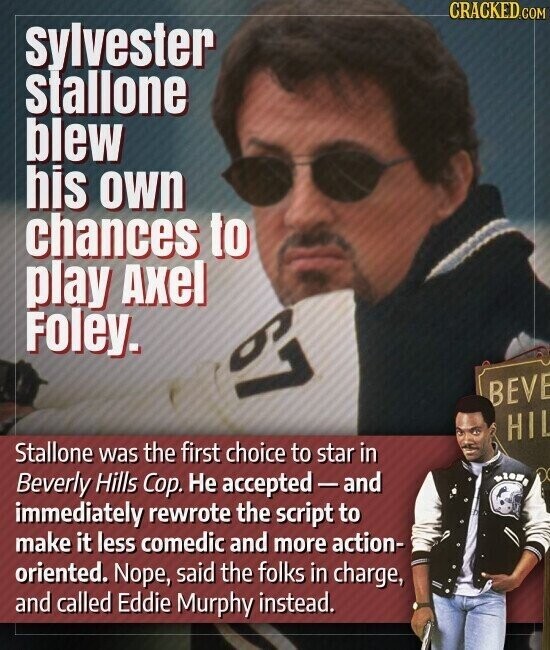 CRACKED.COM sylvester stallone blew his own chances to play Axel Foley. 67 BEVE HIL Stallone was the first choice to star in Beverly Hills Cop. Не accepted-and immediately rewrote the script to make it less comedic and more action- oriented. Nope, said the folks in charge, and called Eddie Murphy instead.