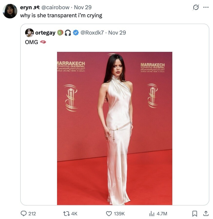 G ... eryn م و @cairobow Nov 29 why is she transparent i'm crying ortegay @Roxdk7 Nov 29 OMG MARRAKECH MARRAKECH TERNATIONAL FILM FESTIVAL INTERNATIONAL FILM FESTIVAL المهرجان الدولي للفيلم بمراك المهرجان الدولي فيلم بمراكش EXLO NKOC I COOKE JOTLE лома 212 4K 139K 4.7M