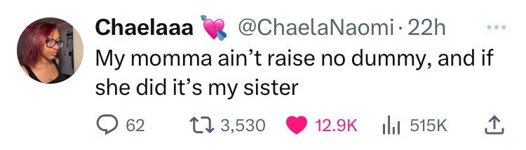Chaelaaa @ChaelaNaomi-2 22h ... My momma ain't raise no dummy, and if she did it's my sister 62 3,530 12.9K del 515K 