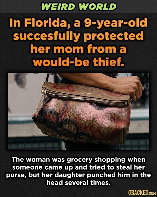 WEIRD WORLD In Florida, a 9-year-old succesfully protected her mom from a would-be thief. The woman was grocery shopping when someone came up and tried to steal her purse, but her daughter punched him in the head several times. CRACKED.COM
