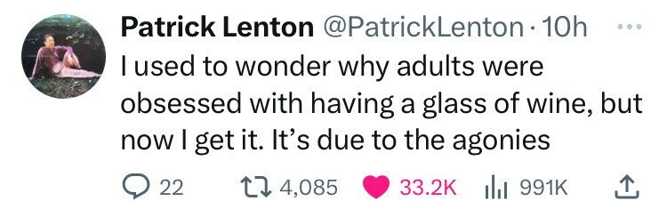 Patrick Lenton @PatrickLenton•10h ... I used to wonder why adults were obsessed with having a glass of wine, but now I get it. It's due to the agonies 22 4,085 33.2K du 991K 