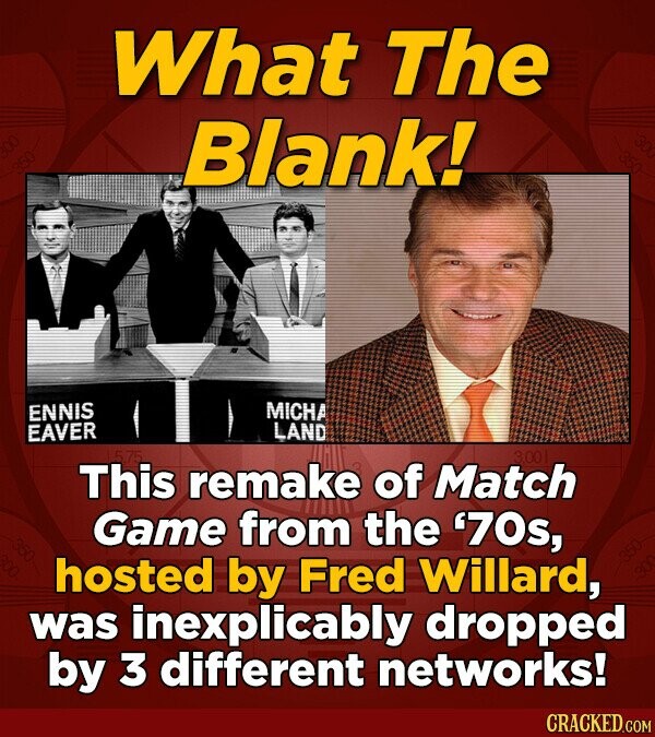 What The Blank! MICHA ENNIS LAND EAVER 5.75 3.00 This remake of Match Game from the '70s, hosted by Fred Willard, was inexplicably dropped by 3 different networks! CRACKED.COM