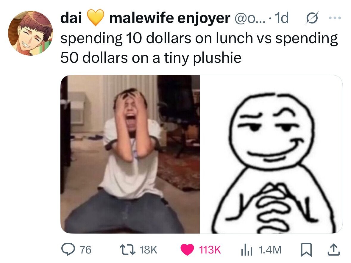 dai malewife enjoyer @o... 1d G ... spending 10 dollars on lunch vs spending 50 dollars on a tiny plushie 76 18K 113K 1.4M 