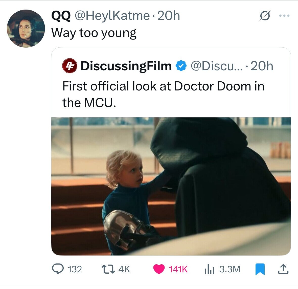 QQ @HeylKatme.20h ... Way too young 4F DiscussingFilm @Discu... 20h First official look at Doctor Doom in the MCU. 132 4K 141K 3.3M