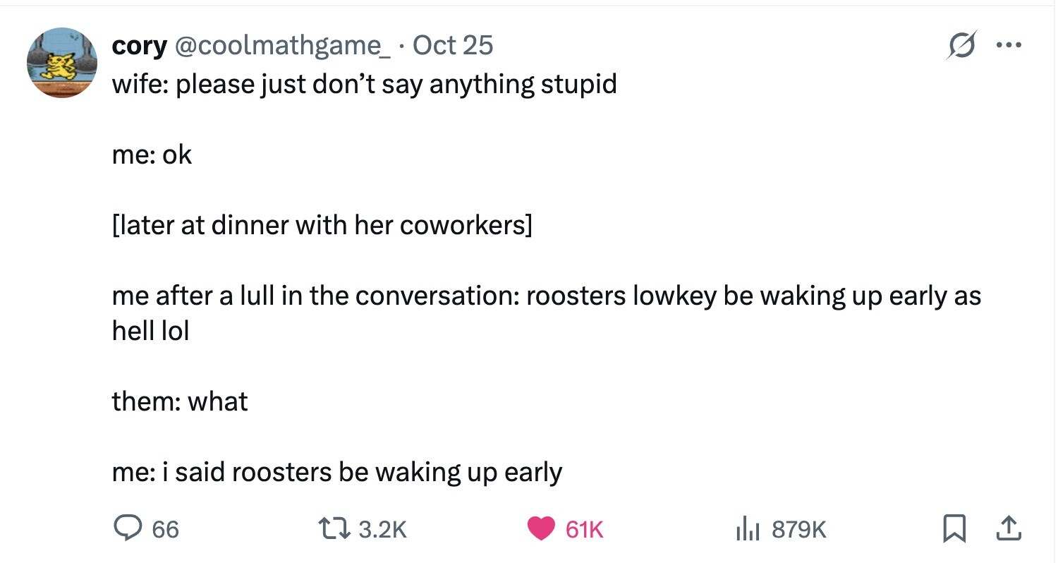 cory @coolmathgame_. Oct 25 ... wife: please just don't say anything stupid me: ok me after a lull in the conversation: roosters lowkey be waking up early as hell lol them: what me: i said roosters be waking up early 66 3.2K 61K del 879K
