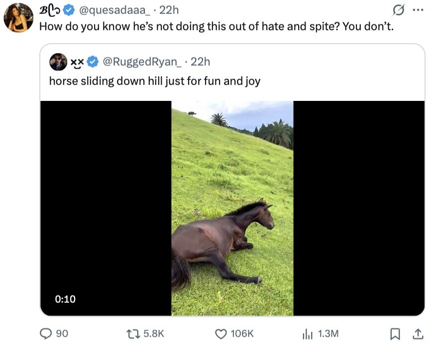 BCo @quesadaaa_ 22h O ... How do you know he's not doing this out of hate and spite? You don't. @RuggedRyan_ 22h xx horse sliding down hill just for fun and joy 0:10 90 5.8K 106K 1.3M