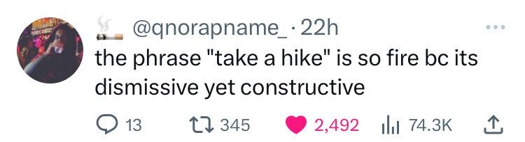 @qnorapname_.22h the phrase take a hike is so fire bc its dismissive yet constructive 13 345 2,492 74.3K 