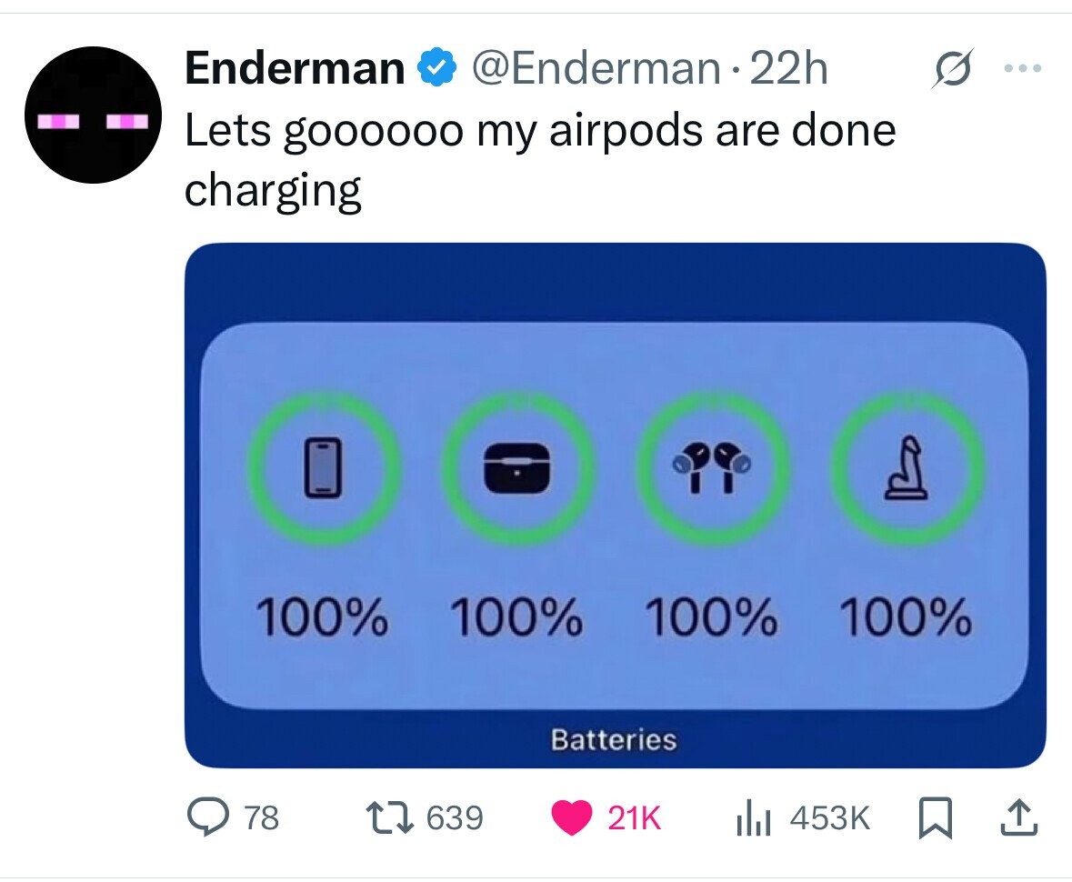 Enderman @Enderman 22h ... Lets goooooo my airpods are done charging 100% 100% 100% 100% Batteries 78 639 21K 453K 