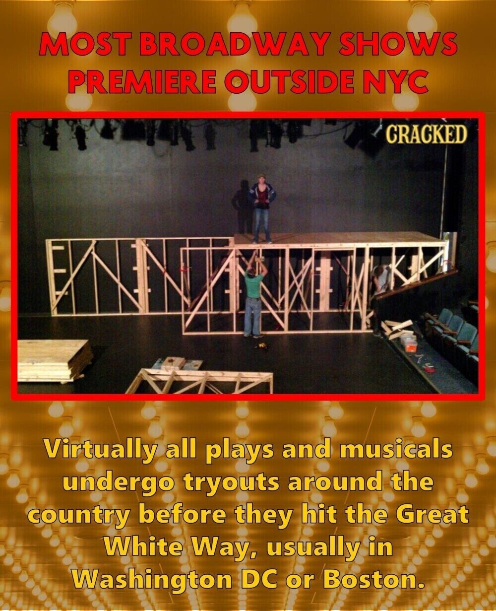 MOST BROADWAY SHOWS PREMIERE OUTSIDE NYC CRACKED Virtually all plays and musicals undergo tryouts around the country before they hit the Great White Way, usually in Washington DC or Boston.