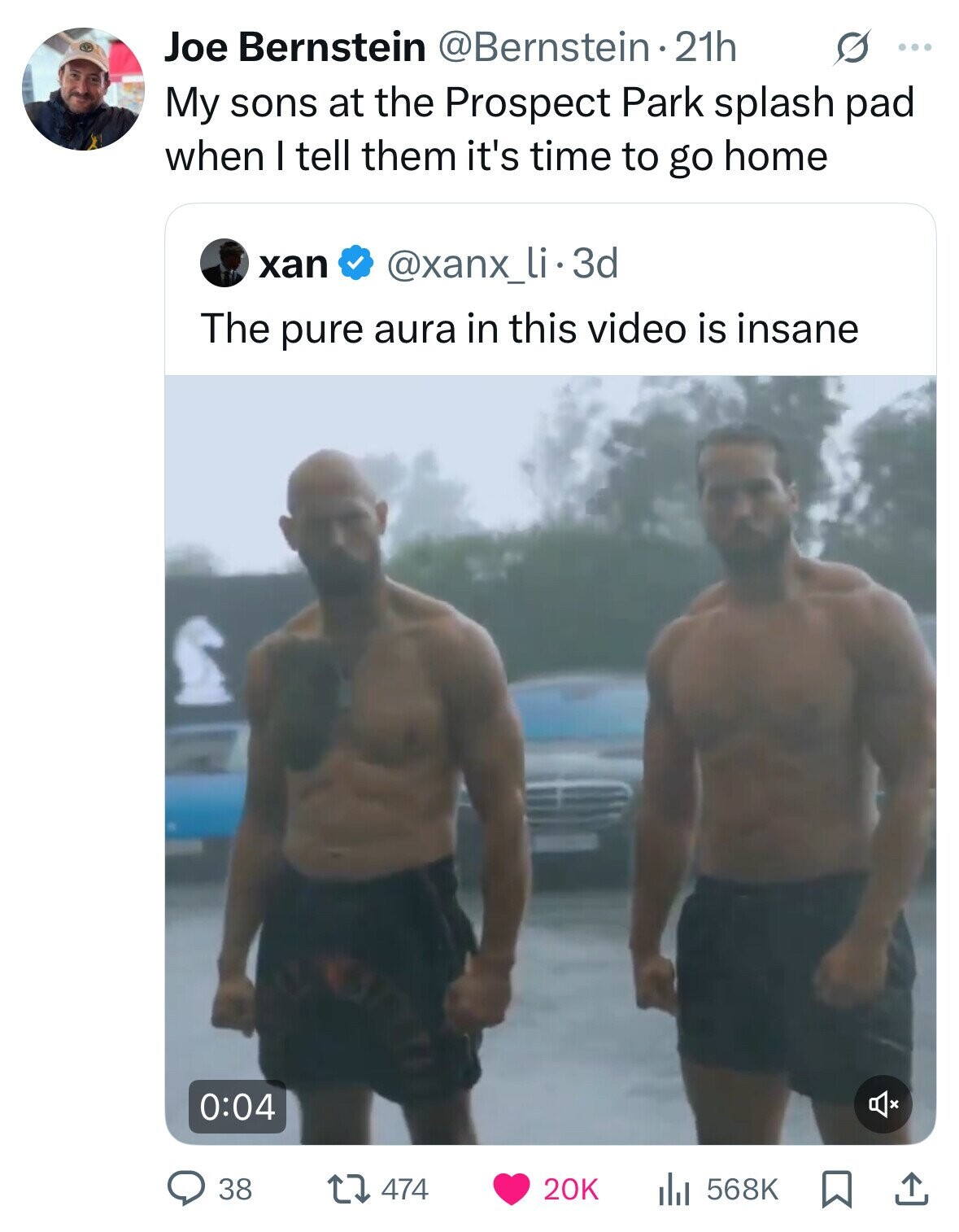 Joe Bernstein @Bernstein 21h s ... My sons at the Prospect Park splash pad when I tell them it's time to go home хап @xanx_li.3 3d The pure aura in this video is insane 0:04 38 474 20K 568K