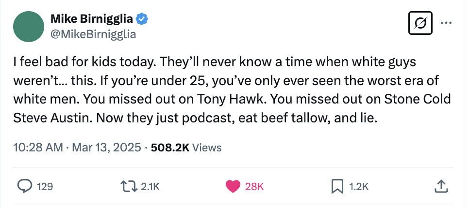 Mike Birnigglia ... @MikeBirnigglia I feel bad for kids today. They'll never know a time when white guys weren't... this. If you're under 25, you've only ever seen the worst era of white men. You missed out on Tony Hawk. You missed out on Stone Cold Steve Austin. Now they just podcast, eat beef tallow, and lie. 10:28 AM Mar 13, 2025 508.2K Views 129 2.1K 28K 1.2K 