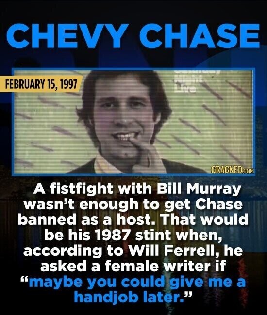 CHEVY CHASE Night FEBRUARY 15, 1997 Live CRACKED.COM A fistfight with Bill Murray wasn't enough to get Chase banned as a host. That would be his 1987 stint when, according to Will Ferrell, he asked a female writer if maybe you could give me a handjob later.