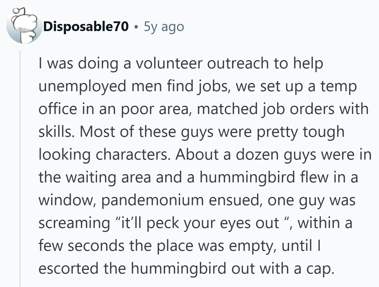 Disposable70 5y ago I was doing a volunteer outreach to help unemployed men find jobs, we set up a temp office in an poor area, matched job orders with skills. Most of these guys were pretty tough looking characters. About a dozen guys were in the waiting area and a hummingbird flew in a window, pandemonium ensued, one guy was screaming it'll peck your eyes out , within a few seconds the place was empty, until I escorted the hummingbird out with a cap.