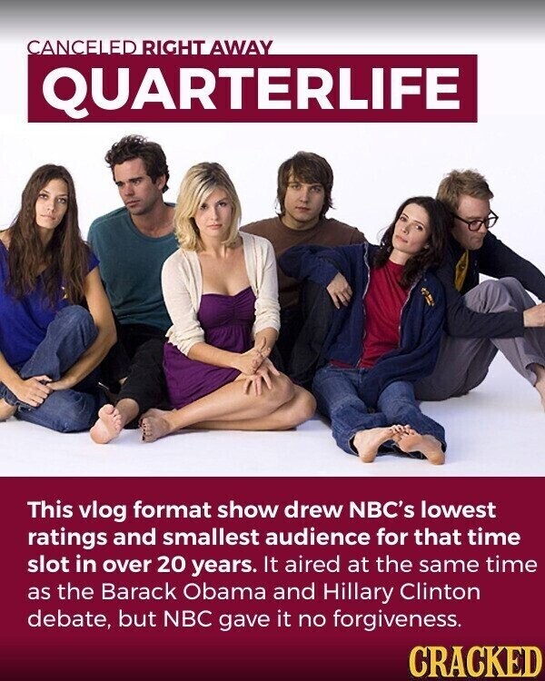 CANCELED RIGHT AWAY QUARTERLIFE This vlog format show drew NBC's lowest ratings and smallest audience for that time slot in over 20 years. It aired at the same time as the Barack Obama and Hillary Clinton debate, but NBC gave it no forgiveness. CRACKED