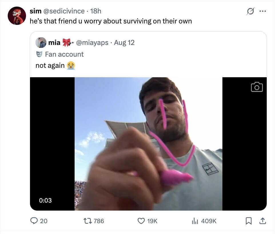 sim @sedicivince 18h s ... he's that friend u worry about surviving on their own mia @miayaps Aug 12 Fan account not again 0:03 20 786 19K del 409K