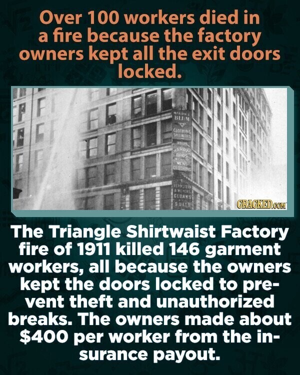 Over 100 workers died in a fire because the factory owners kept all the exit doors locked. MALKING BLUM CLOTHING SPECIALISTS 23525 HARRIC BRGS MENU CEOTAING ANIVERSA CLEAKS SULER GRAGKED.COM The Triangle Shirtwaist Factory fire of 1911 killed 146 garment workers, all because the owners kept the doors locked to pre- vent theft and unauthorized breaks. The owners made about $400 per worker from the in- surance payout.