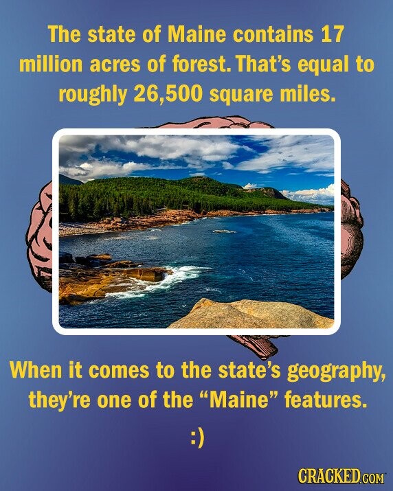 The state of Maine contains 17 million acres of forest. That's equal to roughly 26,500 square miles. When it comes to the state's geography, they're one of the Maine features. :) CRACKED.COM