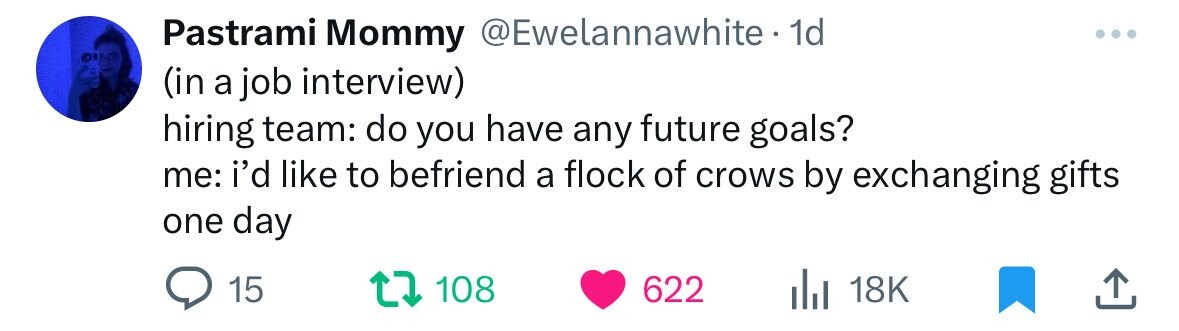 Pastrami Mommy @Ewelannawhite. 1d (in a job interview) hiring team: do you have any future goals? me: i'd like to befriend a flock of crows by exchanging gifts one day 15 108 622 18K