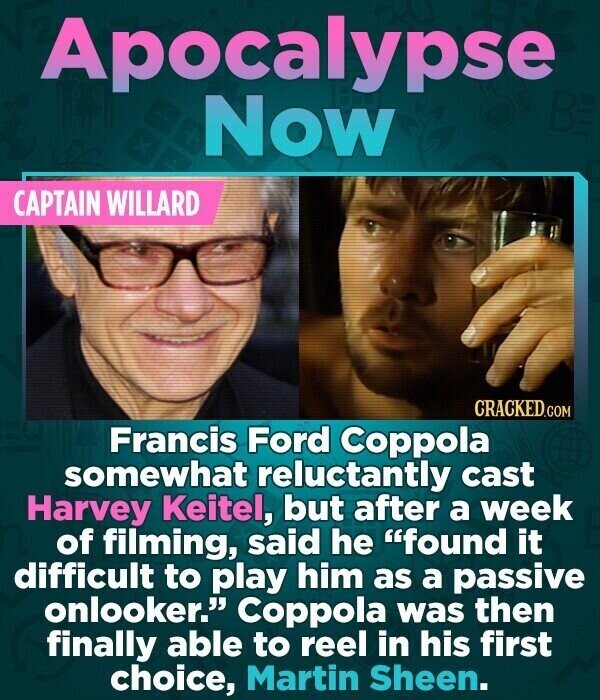 Apocalypse Now CAPTAIN WILLARD CRACKED.COM Francis Ford Coppola somewhat reluctantly cast Harvey Keitel, but after a week of filming, said he found it difficult to play him as a passive onlooker. Coppola was then finally able to reel in his first choice, Martin Sheen.