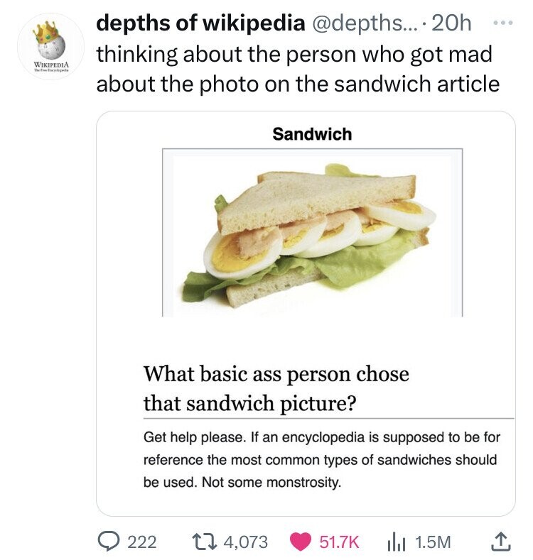 depths of wikipedia @depths... 20h ... thinking about the person who got mad WIKIPEDIA about the photo on the sandwich article Sandwich What basic ass person chose that sandwich picture? Get help please. If an encyclopedia is supposed to be for reference the most common types of sandwiches should be used. Not some monstrosity. 222 4,073 51.7K 1.5M