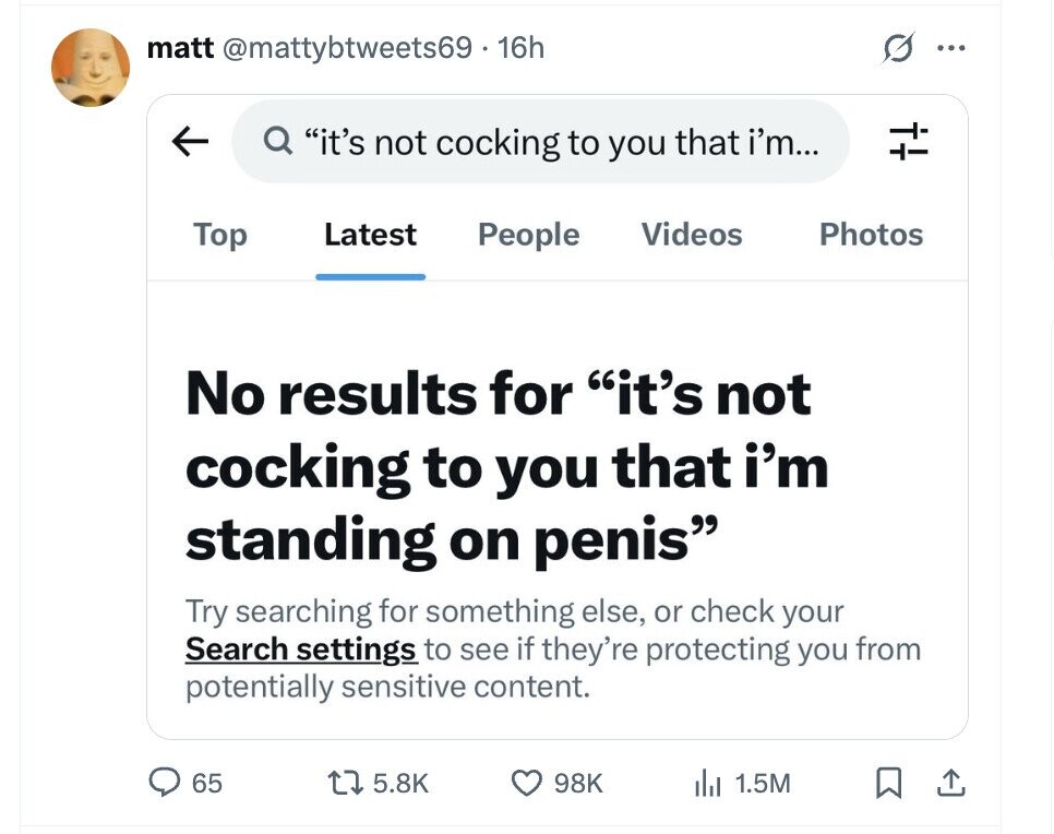 matt @mattybtweets69.16h O ... it's not cocking to you that i'm... Latest People Videos Photos Top No results for it's not cocking to you that i'm standing on penis Try searching for something else, or check your Search settings to see if they're protecting you from potentially sensitive content. 65 5.8K 98K 1.5M