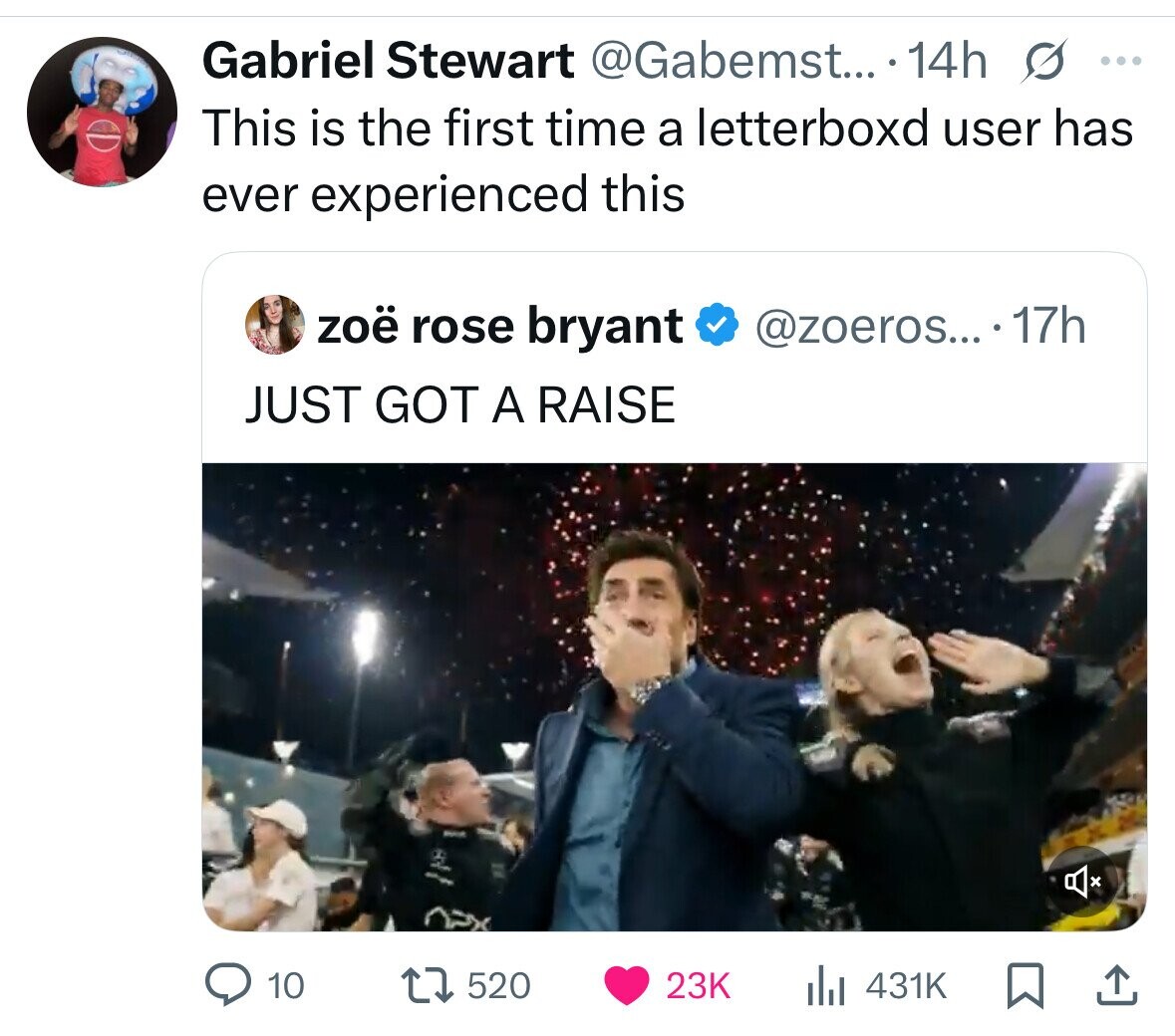 Gabriel Stewart @Gabemst... 14h s ... This is the first time a letterboxd user has ever experienced this zoë rose bryant @zoeros.... 17h JUST GOT A RAISE 10 520 23K 431K
