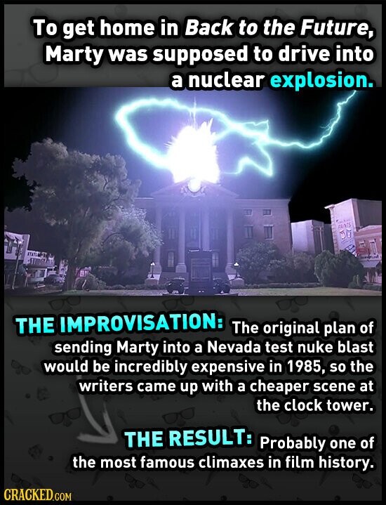 To get home in Back to the Future, Marty was supposed to drive into a nuclear explosion. PRINTS THE IMPROVISATION: The original plan of sending Marty into a Nevada test nuke blast would be incredibly expensive in 1985, so the writers came up with a cheaper scene at the clock tower. THE RESULT: Probably one of the most famous climaxes in film history. CRACKED.COM