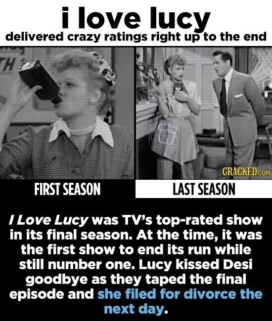 i love lucy delivered crazy ratings right up to the end H CRACKED.COM FIRST SEASON LAST SEASON I Love Lucy was TV's top-rated show in its final season. At the time, it was the first show to end its run while still number one. Lucy kissed Desi goodbye as they taped the final episode and she filed for divorce the next day.