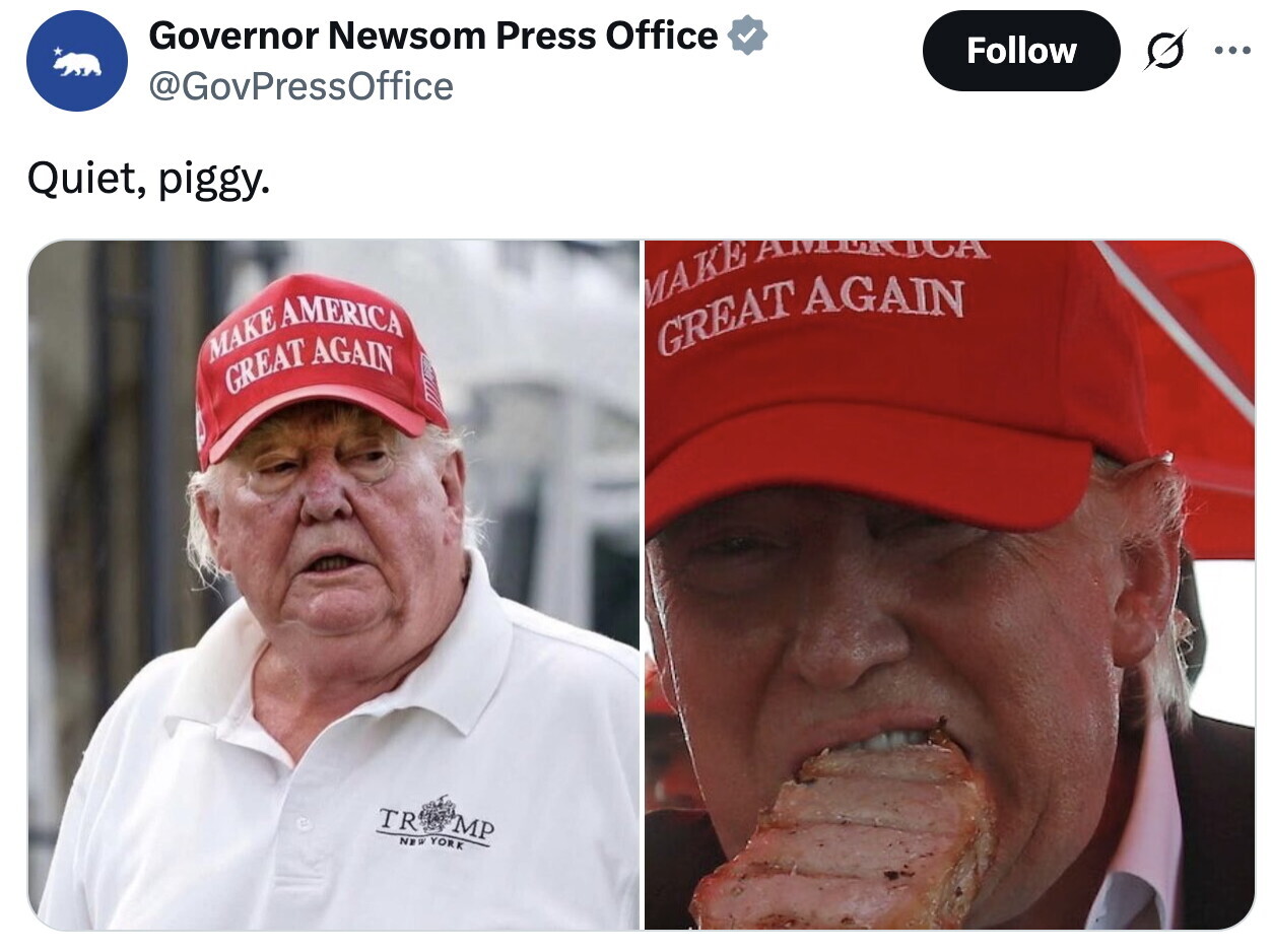 Governor Newsom Press Office Follow ... @GovPressOffice Quiet, piggy. MAKE AMO JA GREAT AGAIN MAKE AMERICA GREAT AGAIN TR MP NEW YORK