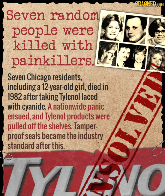 GRACKED.COM Seven random people were killed with painkillers. Seven Chicago residents, including a 12-year-old girl, died in 1982 after taking Tylenol laced with cyanide. A nationwide panic ensued, and Tylenol products were pulled off the shelves. Tamper- proof seals became the industry standard after this. OL NO