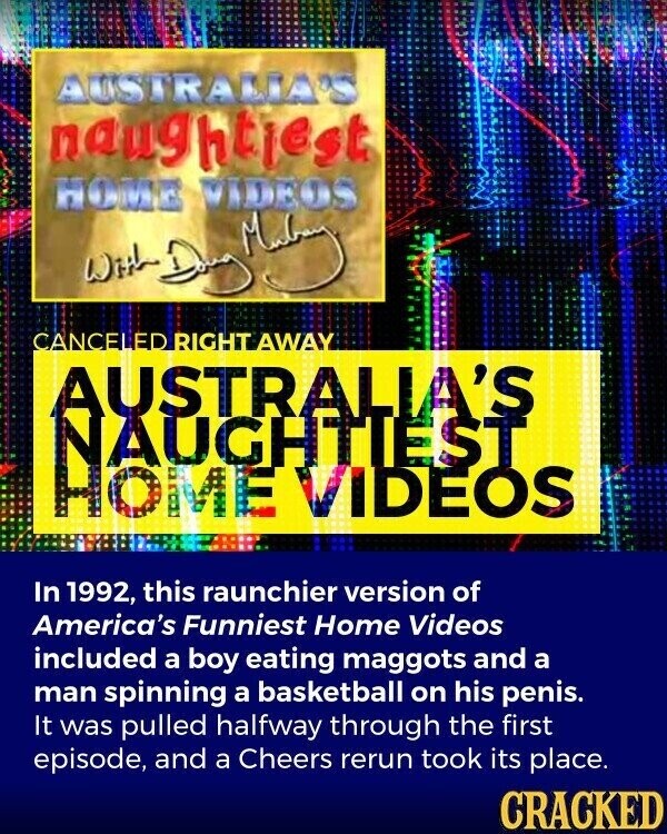 AUSTRALIA'S naughtiest HOME VIDEOS With DOHLS CANCELED RIGHT AWAY AUSTRALIA'S NAUGHTIEST HOME VIDEOS In 1992, this raunchier version of America's Funniest Home Videos included a boy eating maggots and a man spinning a basketball on his penis. It was pulled halfway through the first episode, and a Cheers rerun took its place. CRACKED