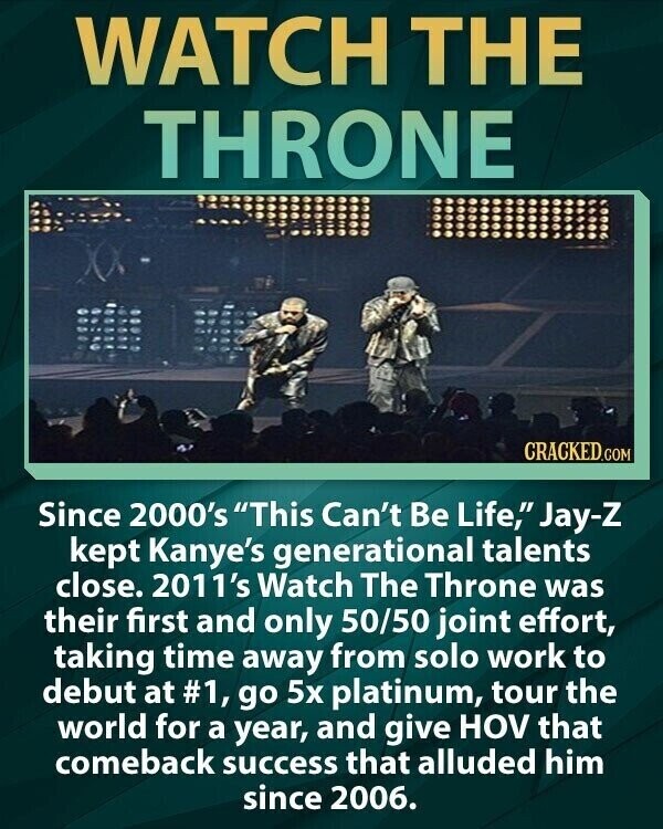 WATCH THE THRONE CRACKED.COM Since 2000's This Can't Be Life, Jay-Z kept Kanye's generational talents close. 2011's Watch The Throne was their first and only 50/50 joint effort, taking time away from solo work to debut at #1, go 5x platinum, tour the world for a year, and give HOV that comeback success that alluded him since 2006.