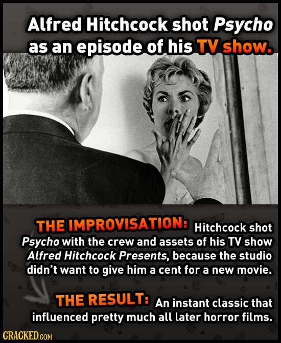 Alfred Hitchcock shot Psycho as an episode of his TV show. THE IMPROVISATION: Hitchcock shot Psycho with the crew and assets of his TV show Alfred Hitchcock Presents, because the studio didn't want to give him a cent for a new movie. THE RESULT: An instant classic that influenced pretty much all later horror films. CRACKED.COM