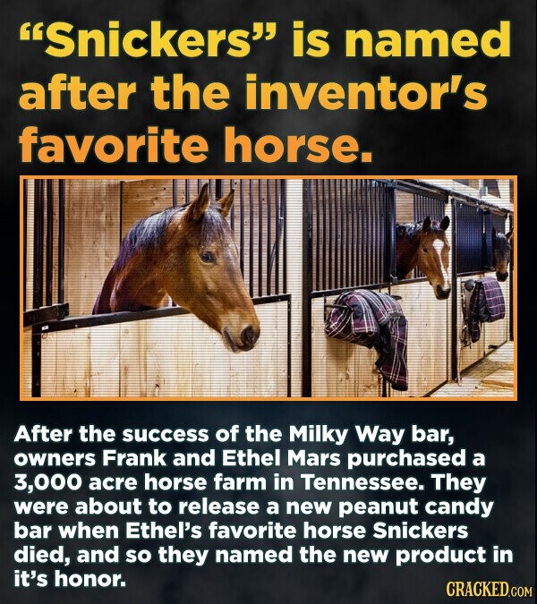 Snickers is named after the inventor's favorite horse. After the success of the Milky Way bar, owners Frank and Ethel Mars purchased a 3,000 acre horse farm in Tennessee. They were about to release a new peanut candy bar when Ethel's favorite horse Snickers died, and SO they named the new product in it's honor. CRACKED.COM