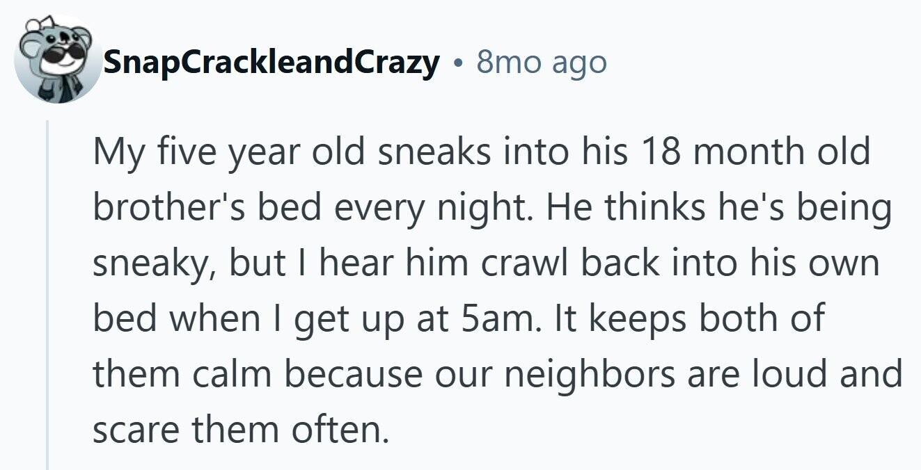 SnapCrackleandCrazy 8mo ago My five year old sneaks into his 18 month old brother's bed every night. Не thinks he's being sneaky, but I hear him crawl back into his own bed when I get up at 5am. It keeps both of them calm because our neighbors are loud and scare them often.
