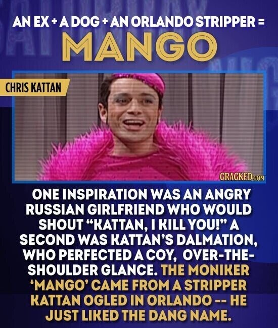 AN EX + A DOG + AN ORLANDO STRIPPER = MANGO CHRIS KATTAN CRACKED COM ONE INSPIRATION WAS AN ANGRY RUSSIAN GIRLFRIEND WHO WOULD SHOUT KATTAN, I KILL YOU! A SECOND WAS KATTAN'S DALMATION, WHO PERFECTED A COY, OVER-THE- SHOULDER GLANCE. THE MONIKER 'MANGO' CAME FROM A STRIPPER KATTAN OGLED IN ORLANDO--HE JUST LIKED THE DANG NAME.