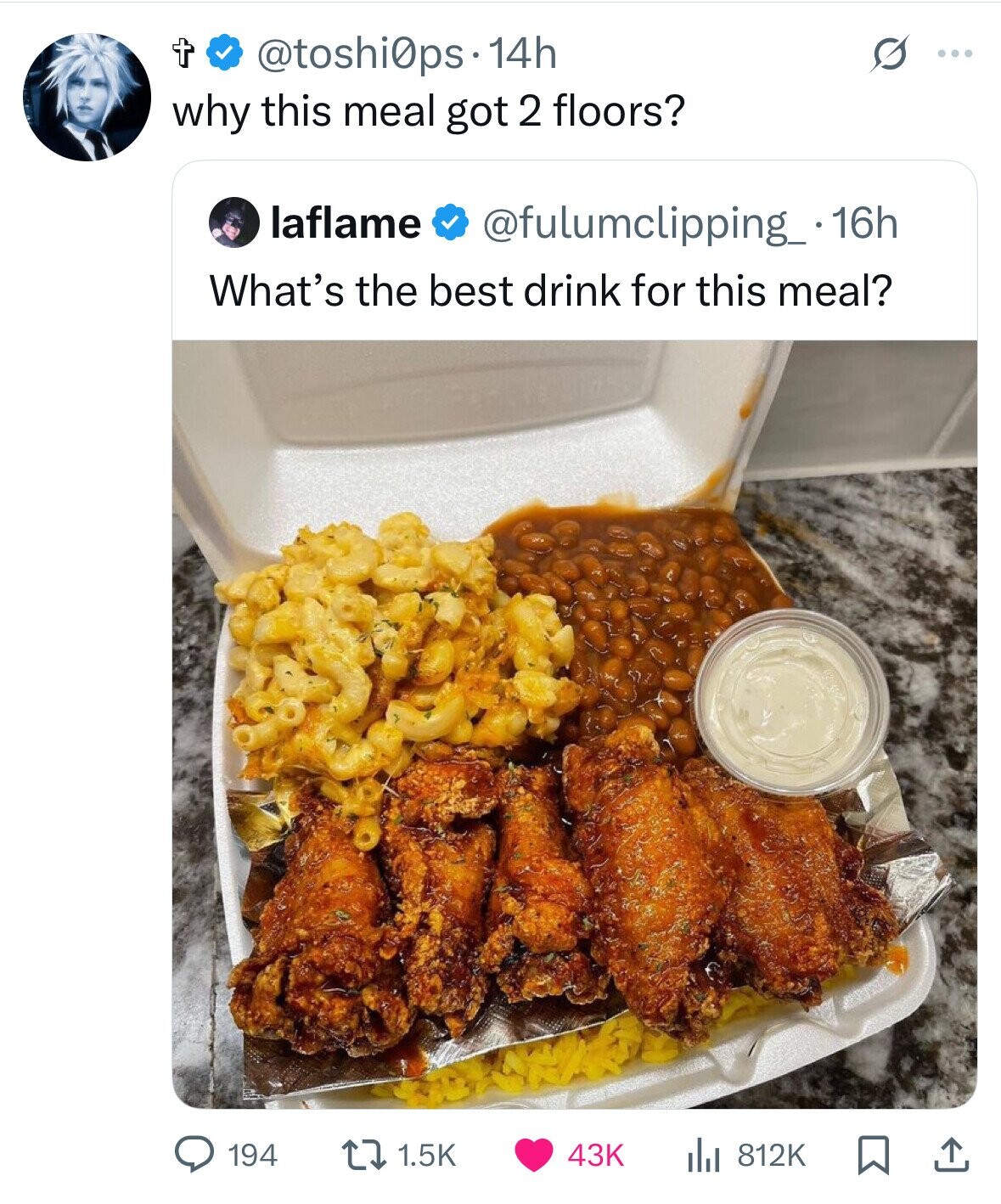 t @toshi0ps 14h ... why this meal got 2 floors? laflame @fulumclipping_.1 16h What's the best drink for this meal? 194 1.5K 43K 812K
