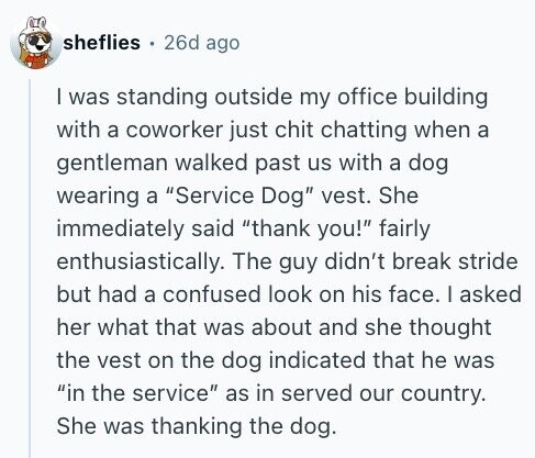 sheflies 26d ago I was standing outside my office building with a coworker just chit chatting when a gentleman walked past us with a dog wearing a Service Dog vest. She immediately said thank you! fairly enthusiastically. The guy didn't break stride but had a confused look on his face. I asked her what that was about and she thought the vest on the dog indicated that he was in the service as in served our country. She was thanking the dog.