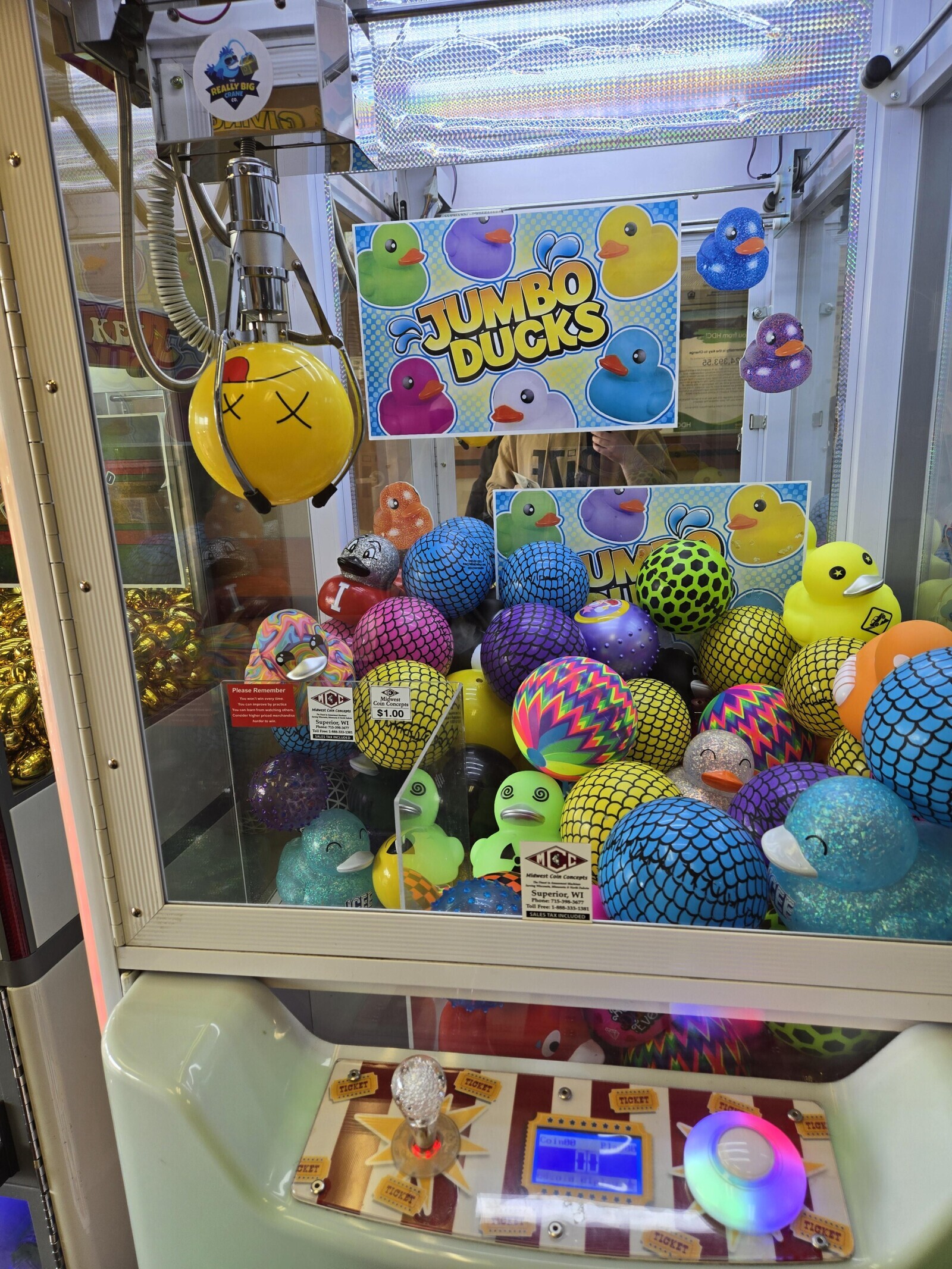 REALLY BIG CRANE KE JUMBO DUCKS X X ан UM * Please Remember MBC You won't win Colu Concepts her Midwest Coin concepts $1.00 merchan Superior, W Midwest Coiz Concepts ICEE -3677 Toll Superior, Ford 715- WI -888-333- 398 138 Eve TICKET TICKET TICKET TICK Coin88 CKET ........ TICKET ....... TICKET TICKET