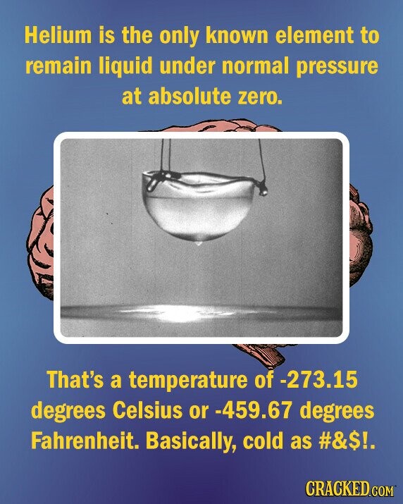 Helium is the only known element to remain liquid under normal pressure at absolute zero. That's a temperature of -273.15 degrees Celsius or -459.67 degrees Fahrenheit. Basically, cold as #&$!. CRACKED.COM