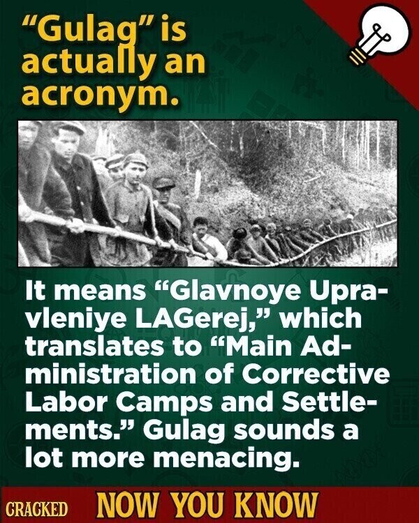 Gulag is actually an acronym. It means Glavnoye Upra- vleniye LAGerej, which translates to Main Ad- ministration of Corrective Labor Camps and Settle- ments. Gulag sounds a lot more menacing. CRACKED NOW YOU KNOW